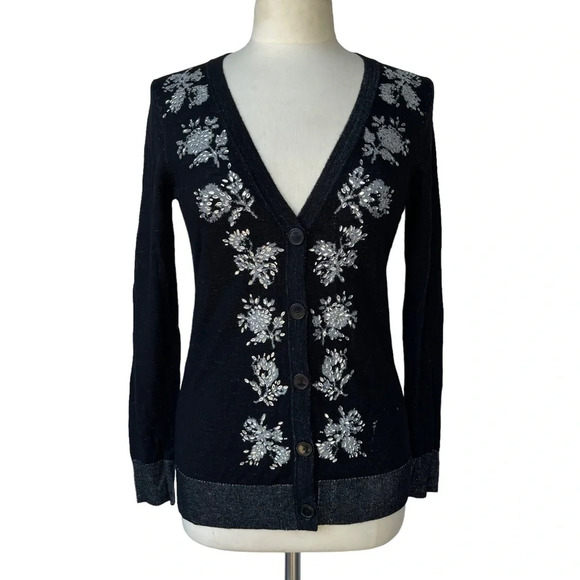 DIANE VON FURSTENBERG Cardigan TENNIE EMB Size S Black Rhinestone Jeweled V-neck - Picture 1 of 3
